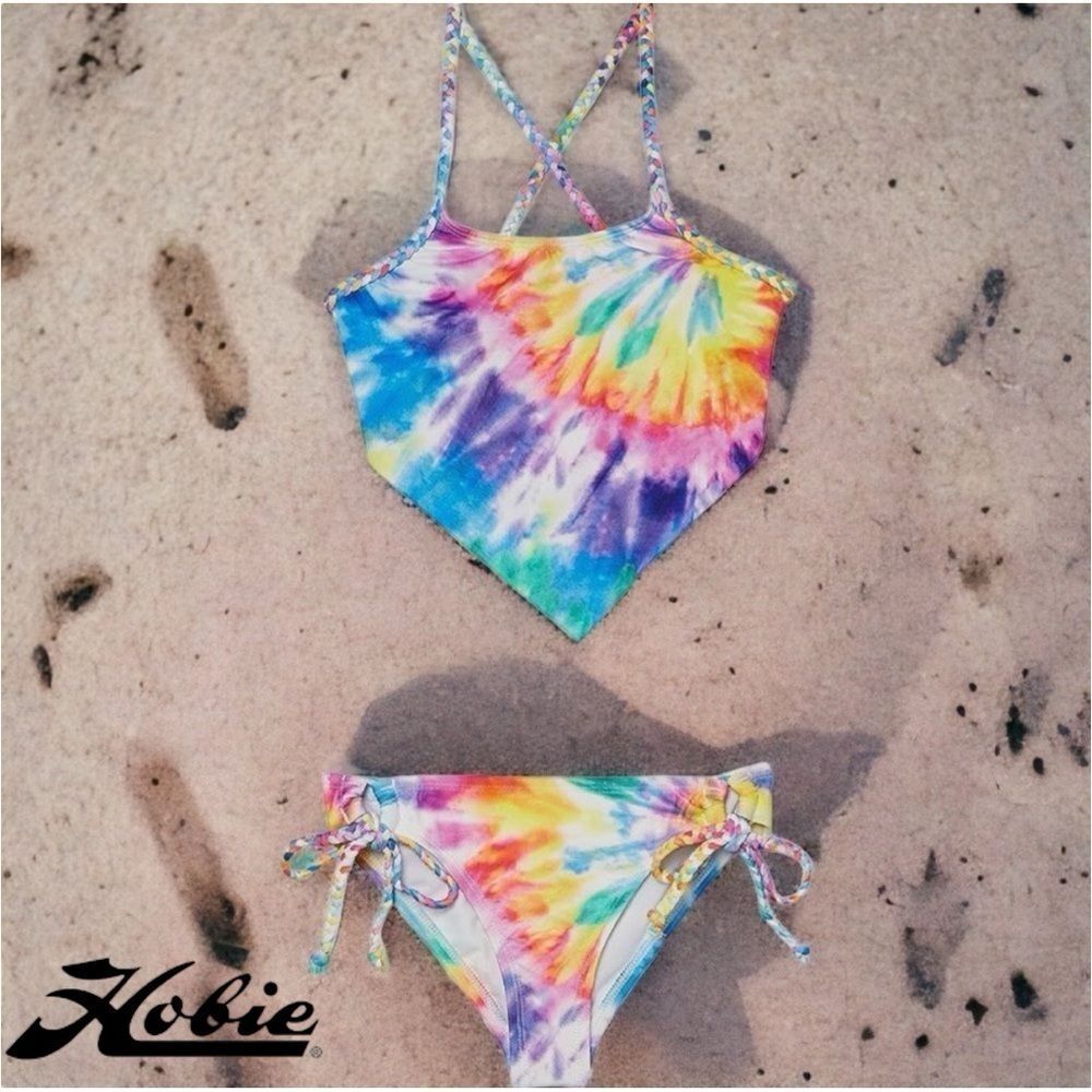 Hobie Girls Tie Dye Braided Trim Hankini Two Piece Swimsuit